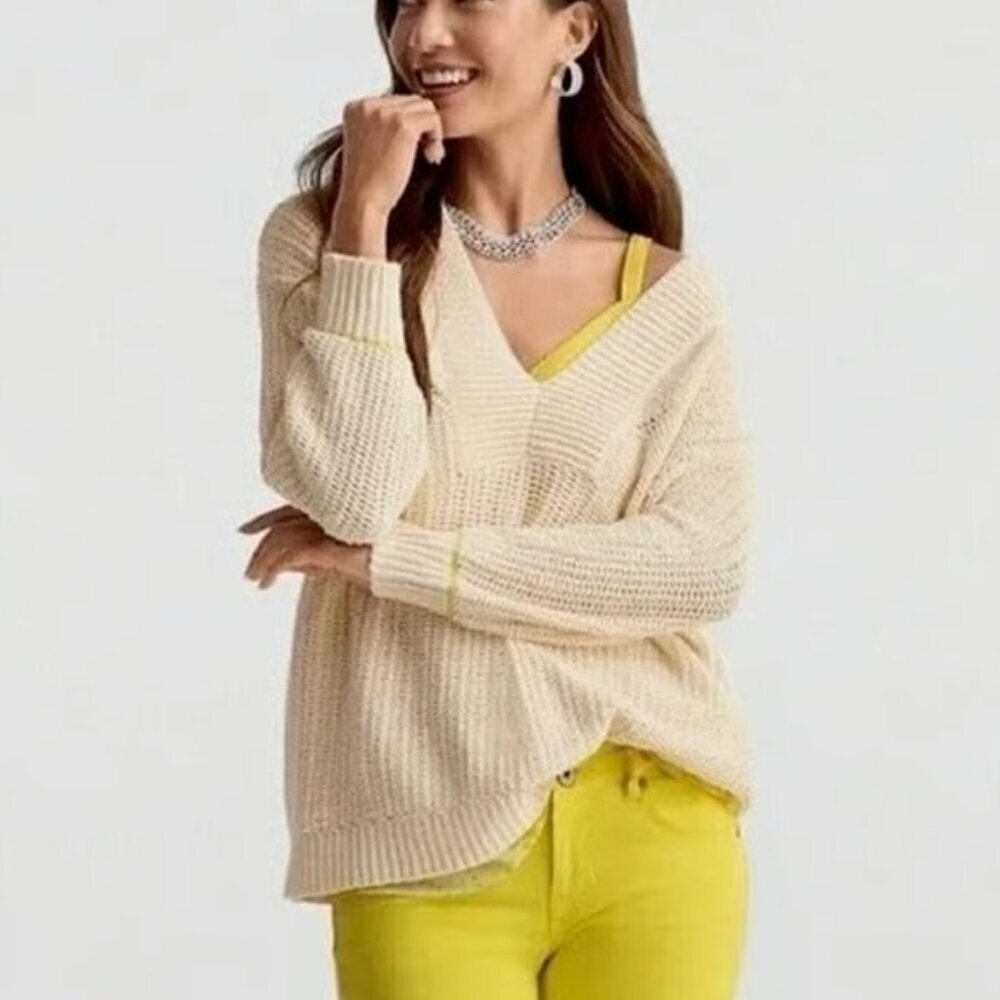 CAbi Croquet sweater boxy v-neck preppy cream ivory over-size crochet new XL
